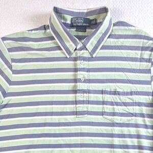Polo Ralph Lauren Polo Shirt Mens XL Custom Fit Striped Pocket Green Blue
